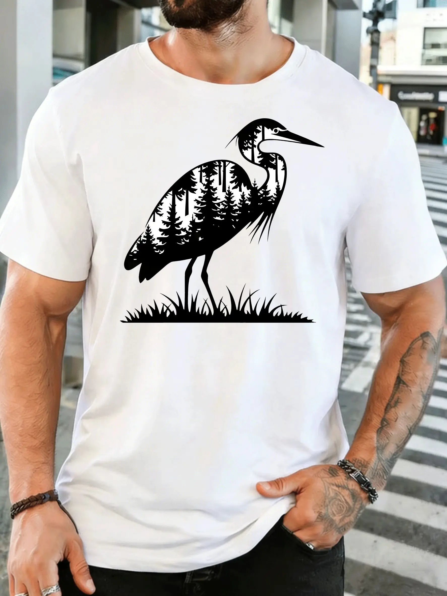 Men Short Sleeve T Shirt Heron Graphic Tee Forest Silhouette Print Tops Summer Soft Cotton Casual Street Wear For Adult Male