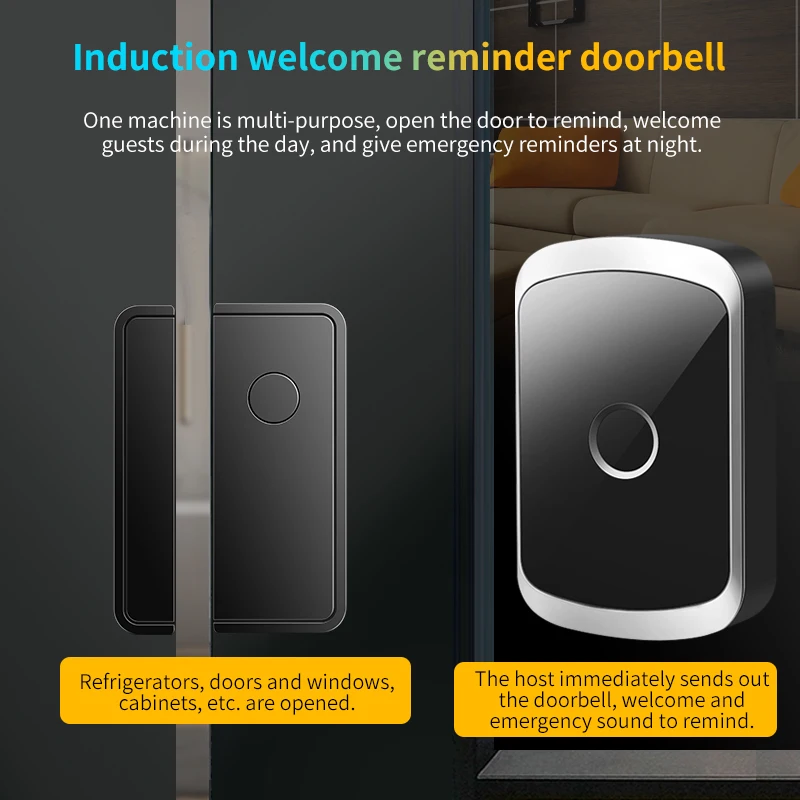 CACAZI wireless doorbell 918 feet 280 meters range 52 melody alarm windows M20 household anti-theft magnetic sensor shop alarm