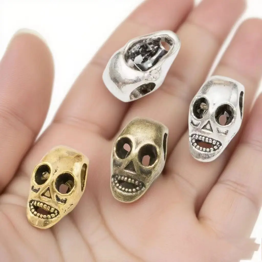 10Pcs/Lot 15x9mm Antique Bronze Silver Color Skull Big Hole Beads Pendant For DIY Jewelry Making Handmade Jewelry Craft Findings