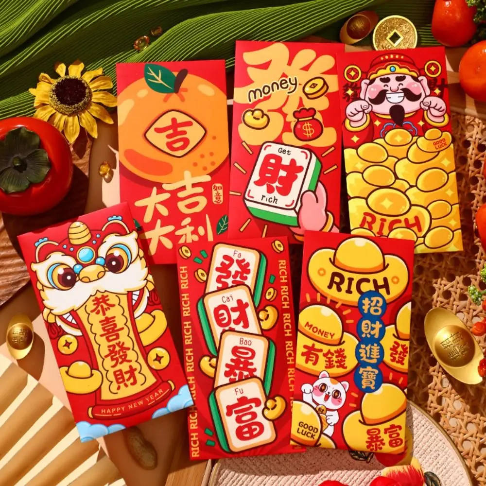 6Pcs Cartoon Chinese Snake Year Red Envelope Blessings Printing Best Wishes Lucky Money Envelopes Thickened Paper