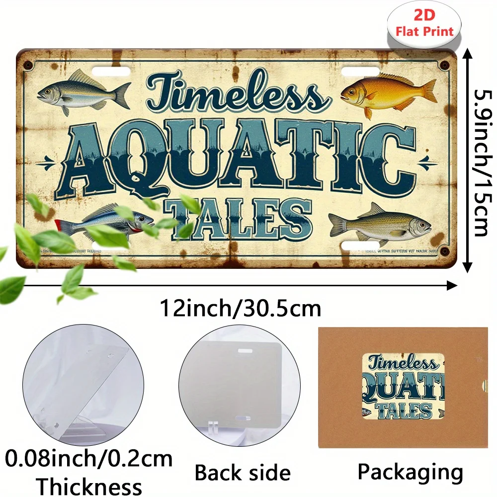 Vintage Fishing Metal Sign 12x5.9in, Rustic Aluminum Plaque for Aquarium Fish Tank Man Cave Garage, No Wiring Needed Pre-Drilled