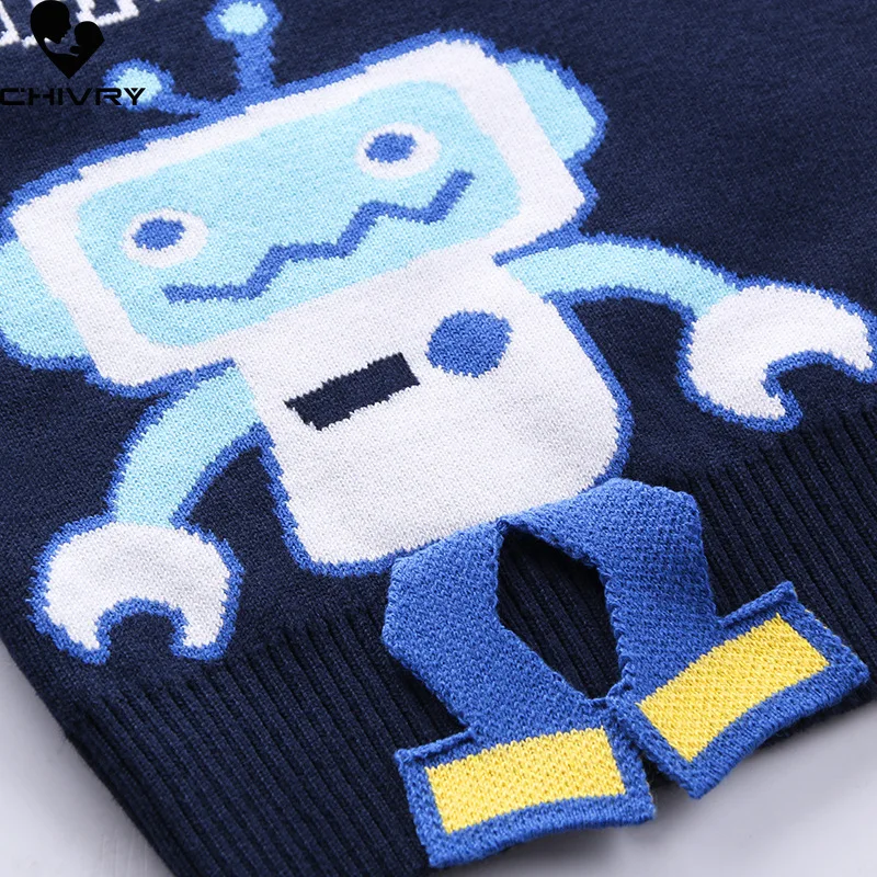 New Autumn Winter Kids Pullover Sweater Baby Boys Cartoon Robot Jacquard O-neck Knitted Jumper Sweaters Tops Children Clothing