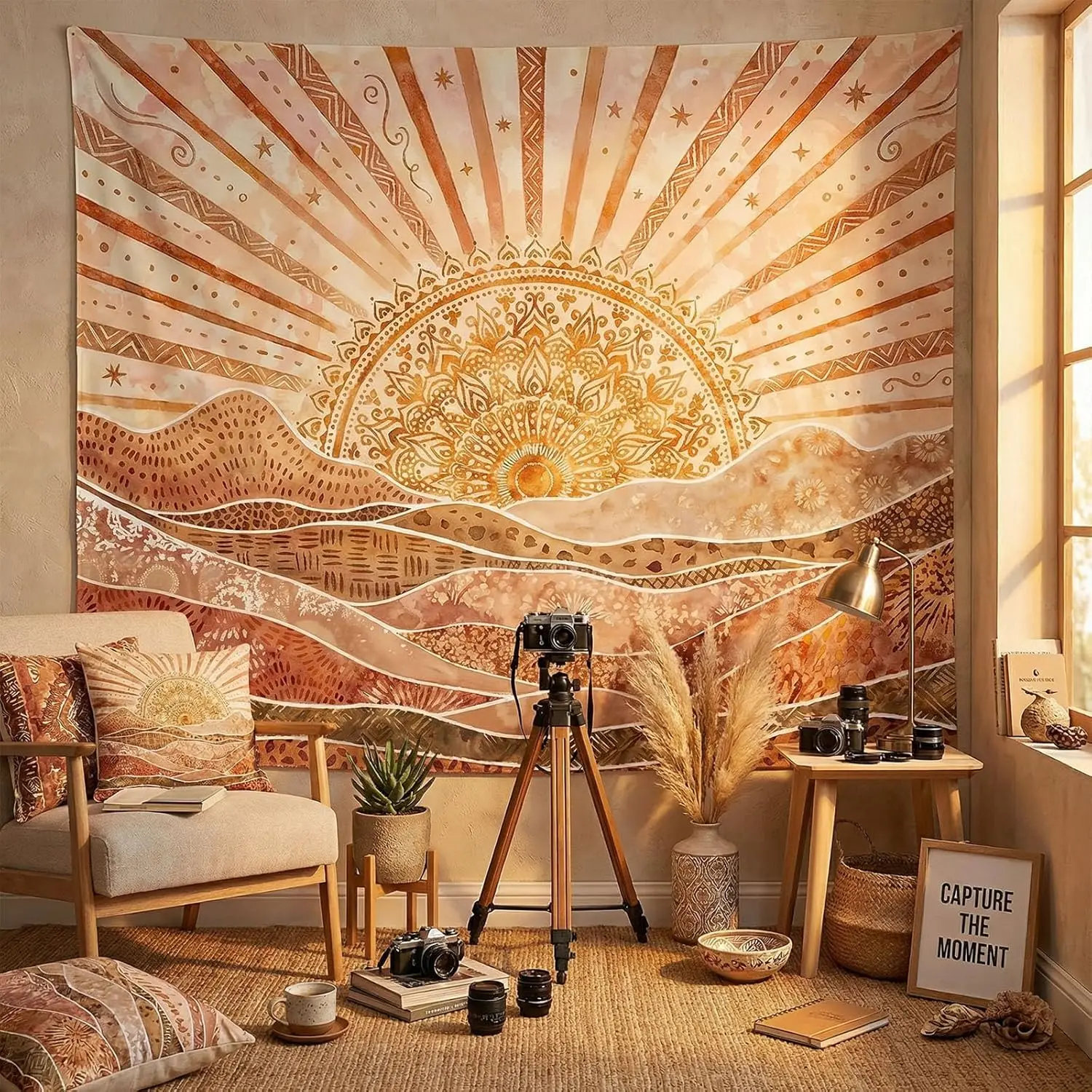 Calming Bohemian Tapestry, Warm Earthy Sun and Abstract Mountains with Tribal Patterns Print Wall Hanging for Cozy and Relaxing