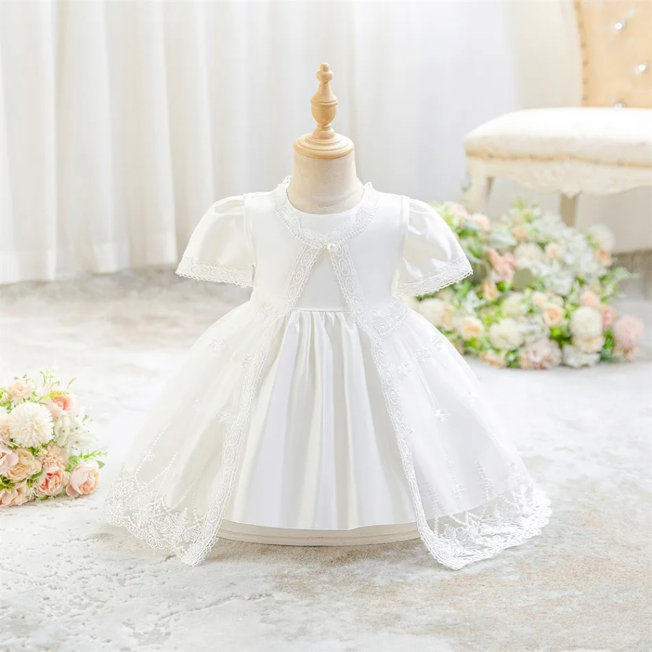 Vestido de Bautizo Blanco con Mangas Cortas Abullonadas y Capa de Encaje, Vestido Formal de Bautizo para Bebé Niña, Vestido de Dama de Honor para Niños, ASQ03