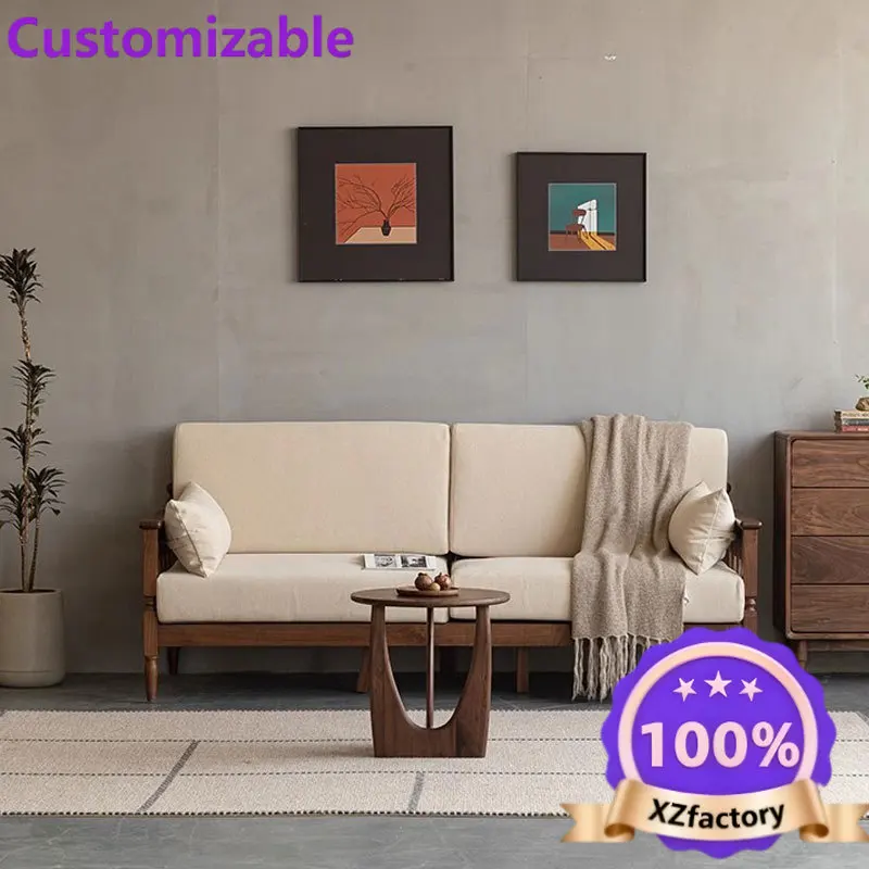 Factory Direct 2026 North American black walnut solid wood sofa American retro fabric sofa three-person straight row sofa small