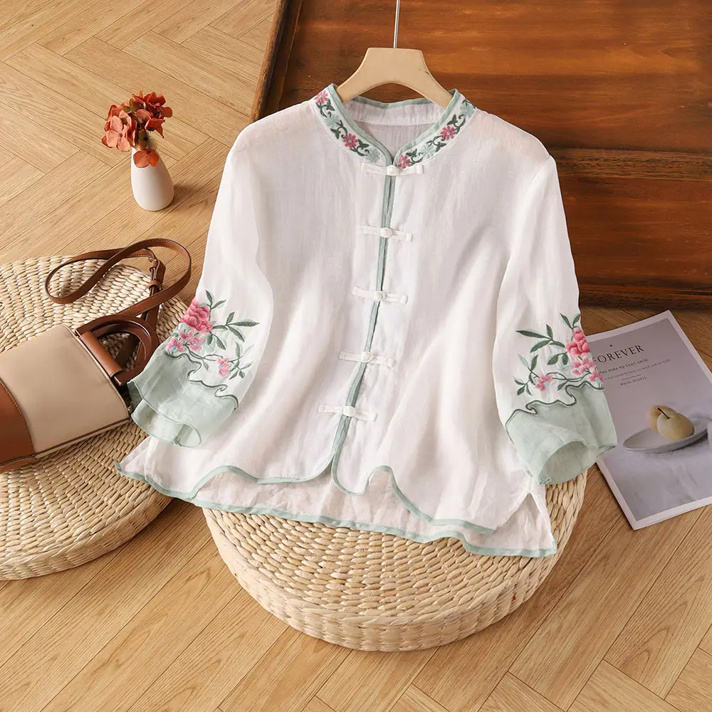 Cotton Linen New Summer Retro Ethnic Embroidered Shirt Women\'s Retro Button Color Blocked Seven Quarter Sleeve Top Loose Fit