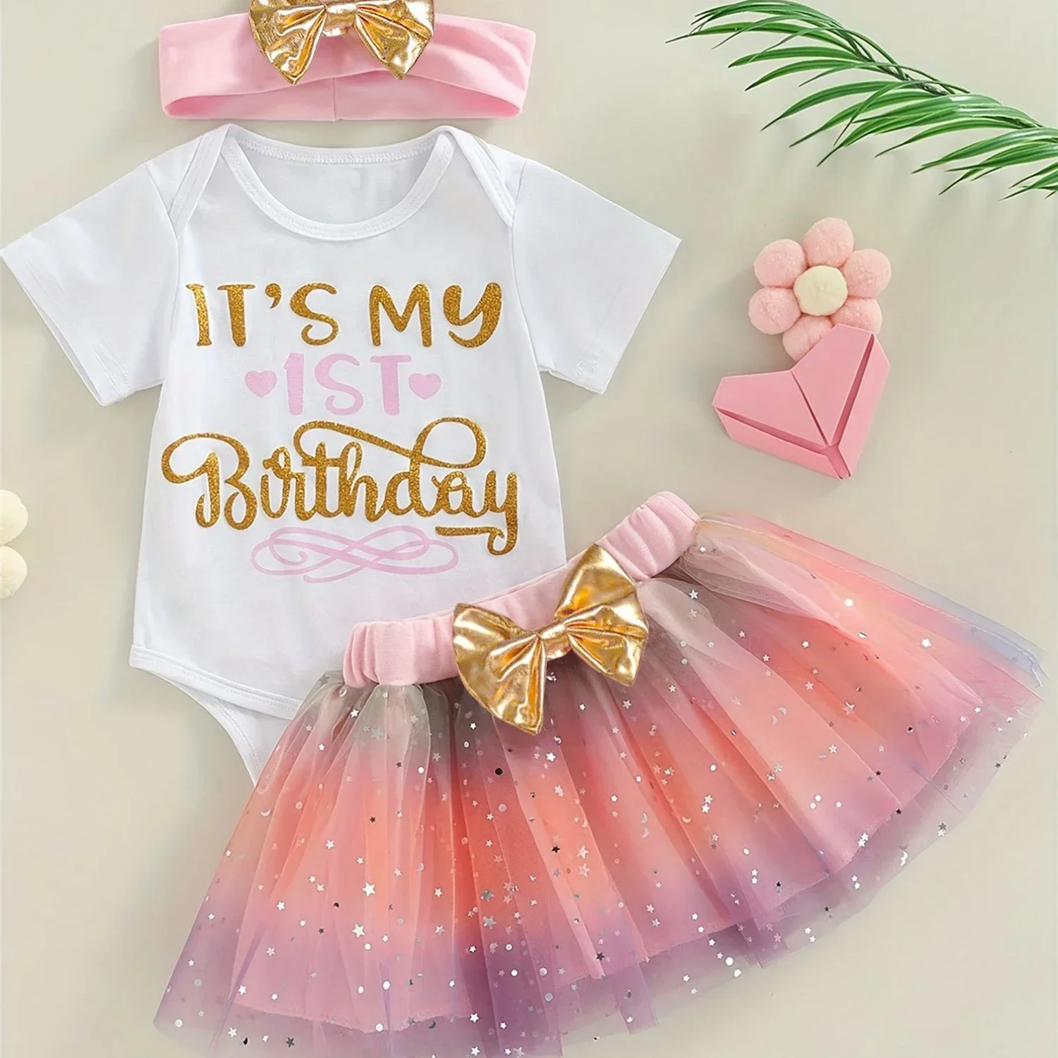 3Pcs Baby Birthday Bodysuits Cotton Short Sleeved Newborn Girls Romper Pettiskirt 12M Toddler Baby Birthday Gifts Party Clothes