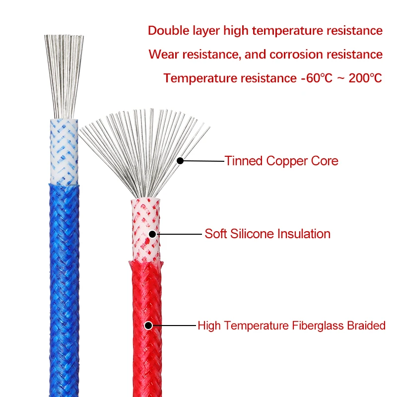 1 -50m Fiberglass Braided Silicone Wire 200Deg.C High Temperature Rubber Insulated Oxygen-free Copper 300V Heat Resistant Cables