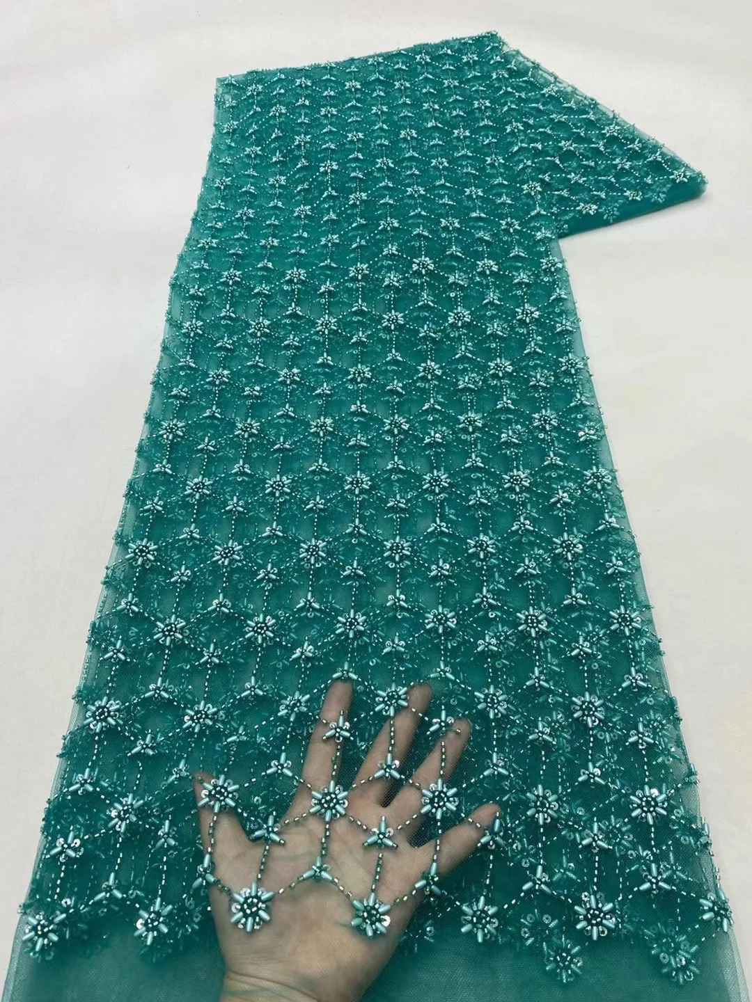 

(5yards/pc) Newest teal green African beads net lace fabric embroidered French tulle lace Nigerian party lace for dress FZX210