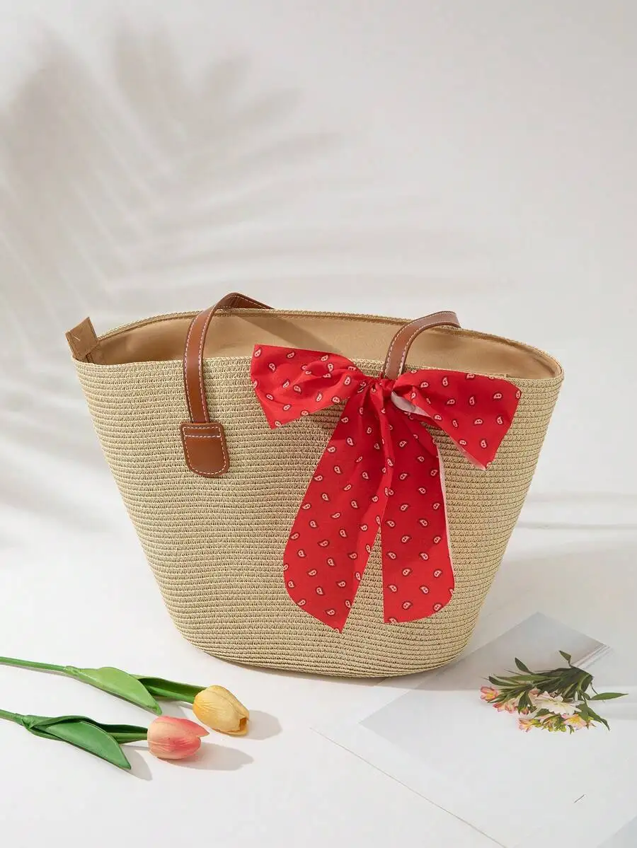 

Straw Tote Bag With Red Bow Accent, Casual Vacation Beach Bag For Women