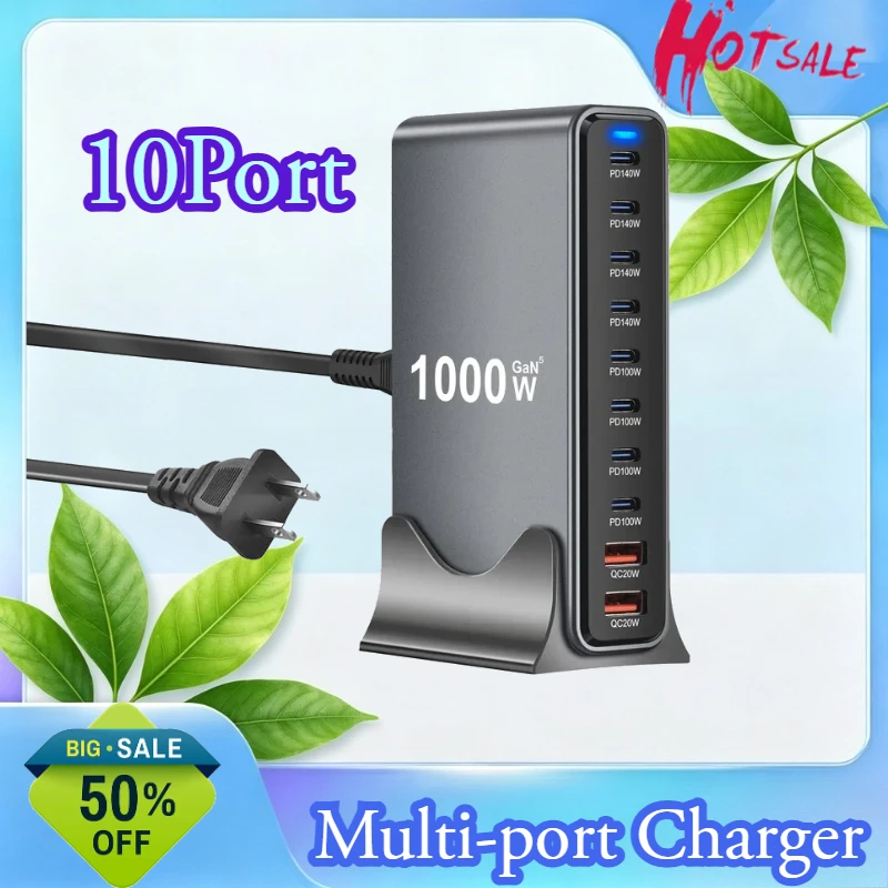 1000W Desktop Charger for 880W Gallium Nitride PD Adapter 1000W Multi-Function 10-Port Charging Station