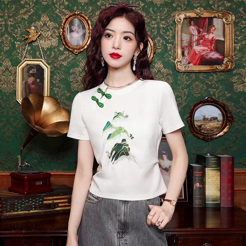 Summer Short Sleeve O-Neck Women Blouse Chinese Style Embroidery Blouse Shirt Women Tops  Blusas Mujer De Moda 2024 Verano H817