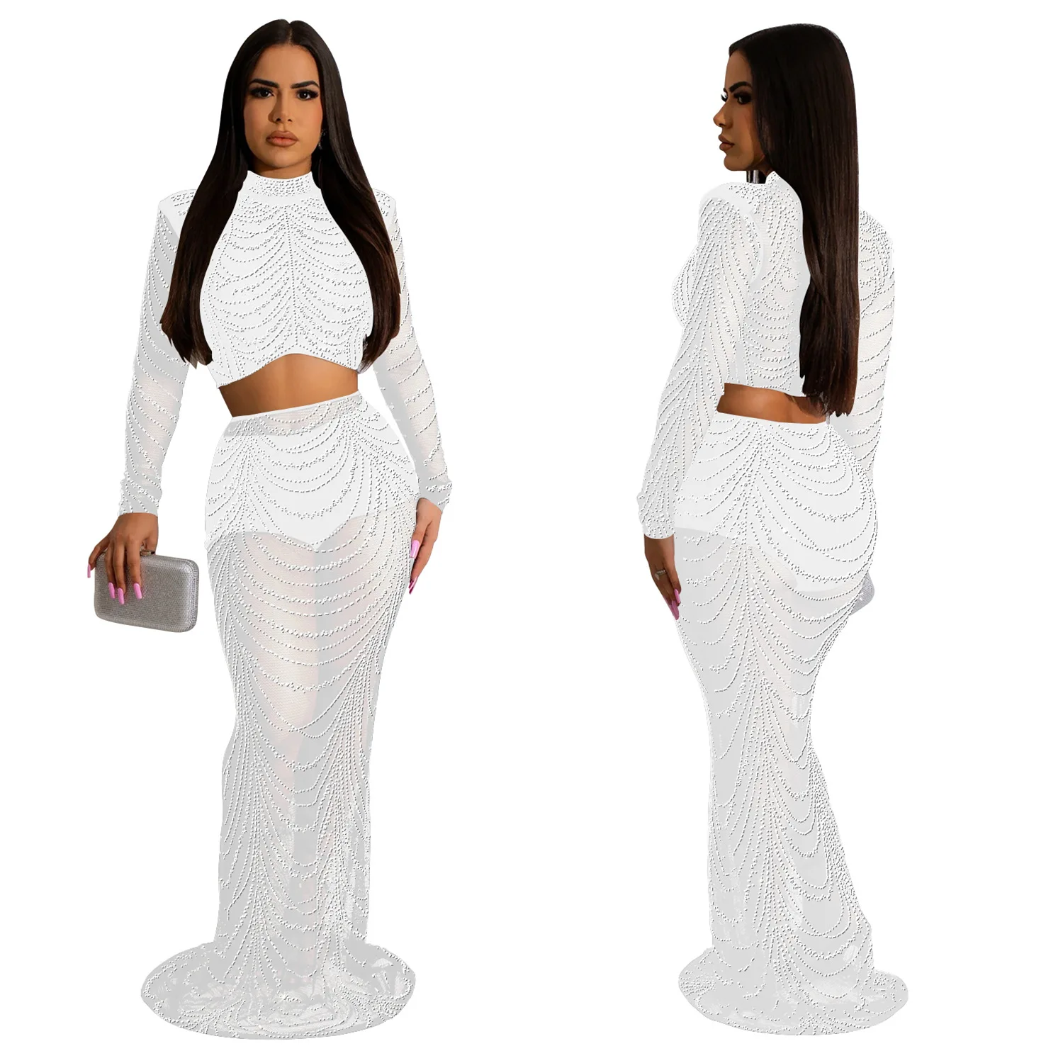 EINY Chic Women\'S Elegant Women\'s Long Sleeve Mesh Diamonds Crop Tops Sexy Evening Prom Formal Occasion Party Long Dresses y2k