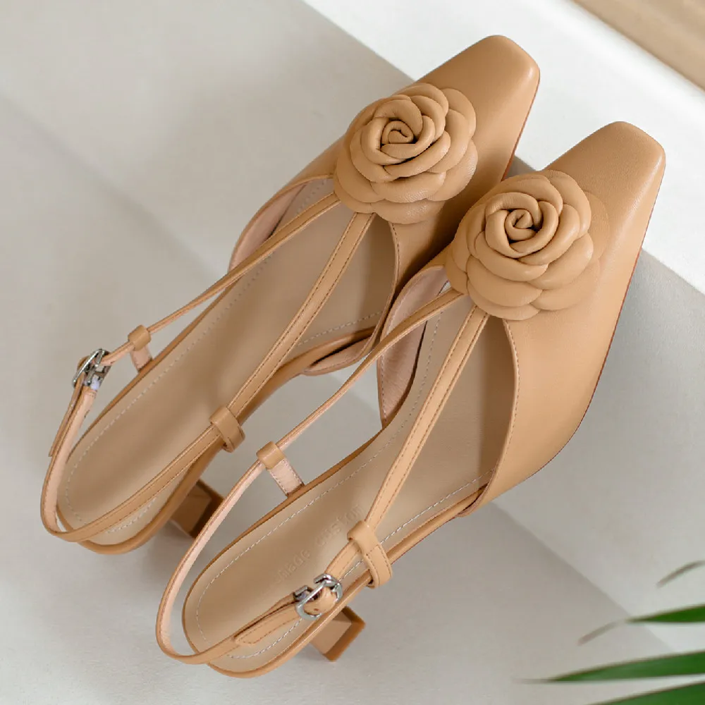 Women\'s genuine leather thin high heel pointed toe slingback summer pumps elegant ladies slim daily dress sandals flower shoes