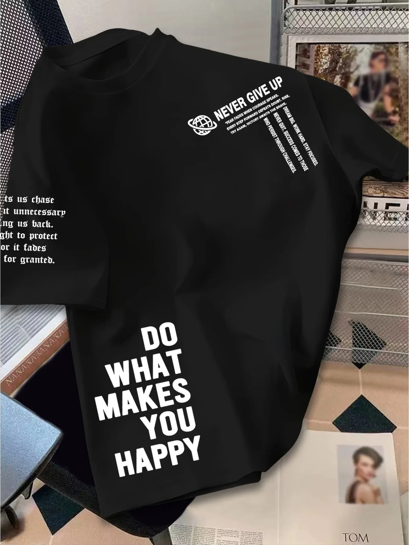 Motivational Slogan T‑Shirt Do What Makes You Happy Never Give Up Letter Print Unisex Casual Short Sleeve Streetwear Tee
