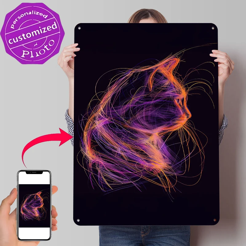 Abstract Cat in Neon Lines Printed Poster Customized Wall Art Retro Vintage Metal Tin Signs for Mancave Decoration Room Man Cave