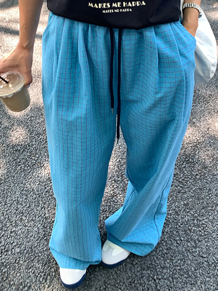 YERMORA Hoge elastische taille blauwe geruite trekkoord wijde pijpen broek voor vrouwen losse pasvorm nieuwe broek mode tij lente herfst 20