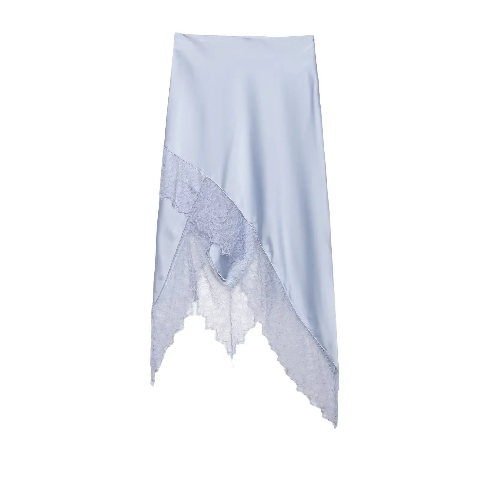 Women's Elegant Satin Shirts Summer Female Asymmetric Lace Skirt Lady Mid Waist Side Zipper Solid Half Skirts Female Chic Skirts