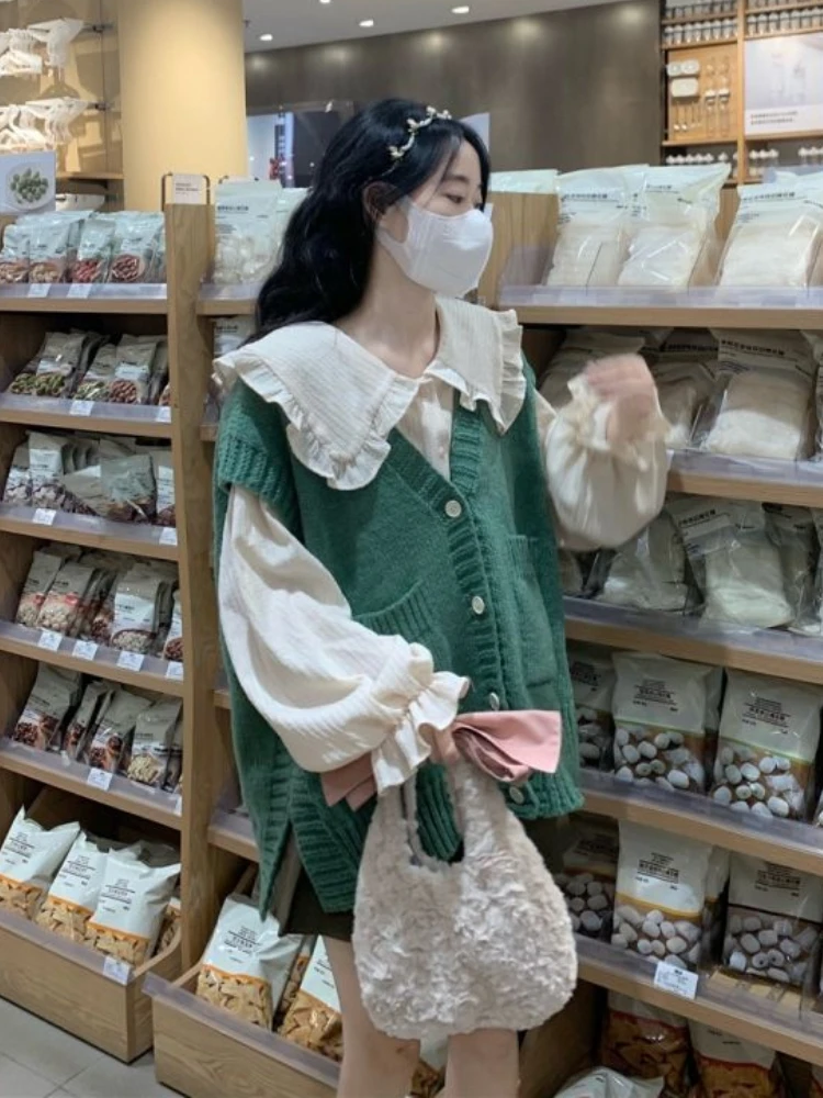 

Sweater Vests Women Kawaii College Ins Popular Knitting All-match Simple Stylish Leisure Hotsweet Vintage V-neck Students Spring