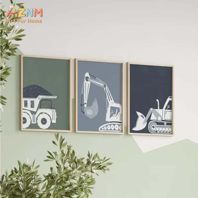 Modern Cartoon Construction Vehicles Poster Truck Tractor Excavator Canvas Painting Wall Art for Nursery Boys Room Home Decor