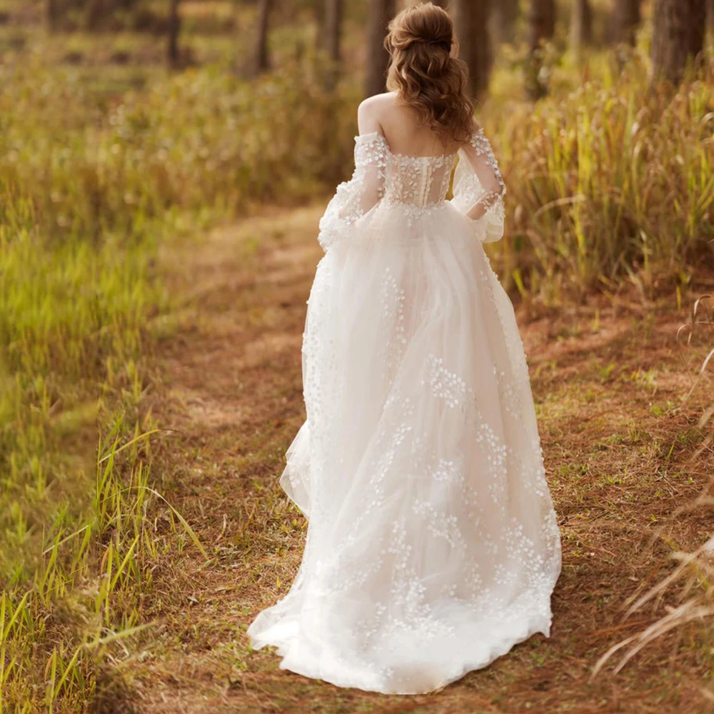 Gaun Pengantin Lengan Panjang Putri Pedesaan Ritsleting Dibuat Sesuai Pesanan Ukuran Taman Tulle 2021 Sweetheart Sapu Kereta Gaun Pengantin