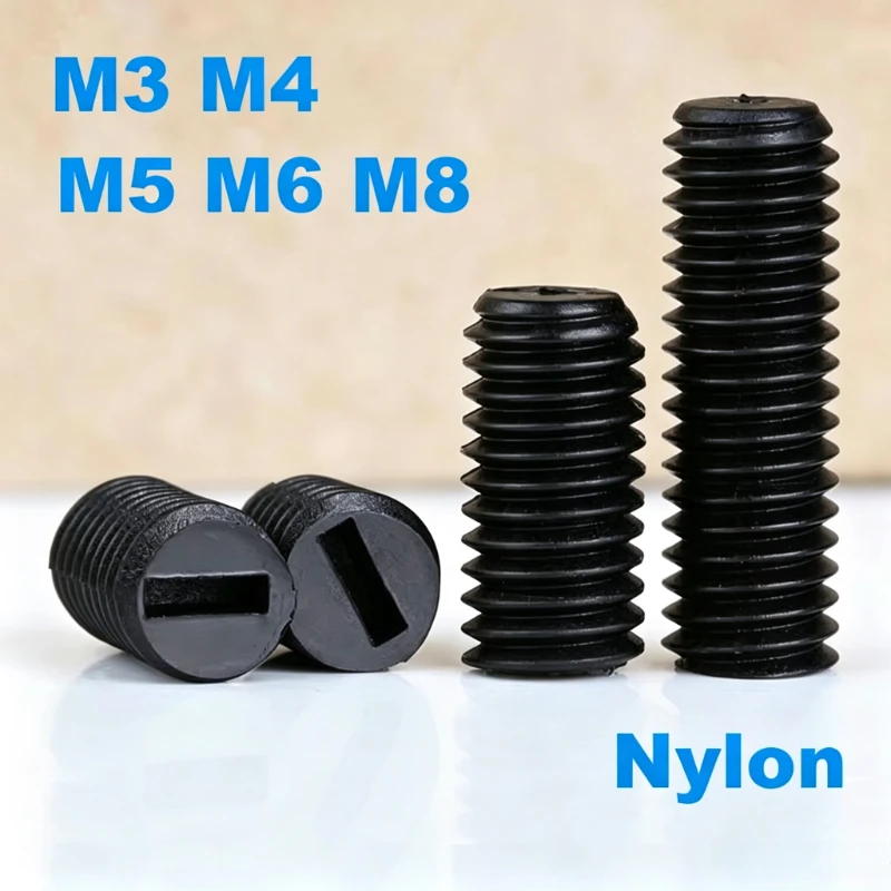 20/50/100Pcs Black Nylon Slotted Flat Point Set Screw M3 M4 M5 M6 M8, Plastic Insulated Headless Grub Bolt One‑Word Fixing Screw