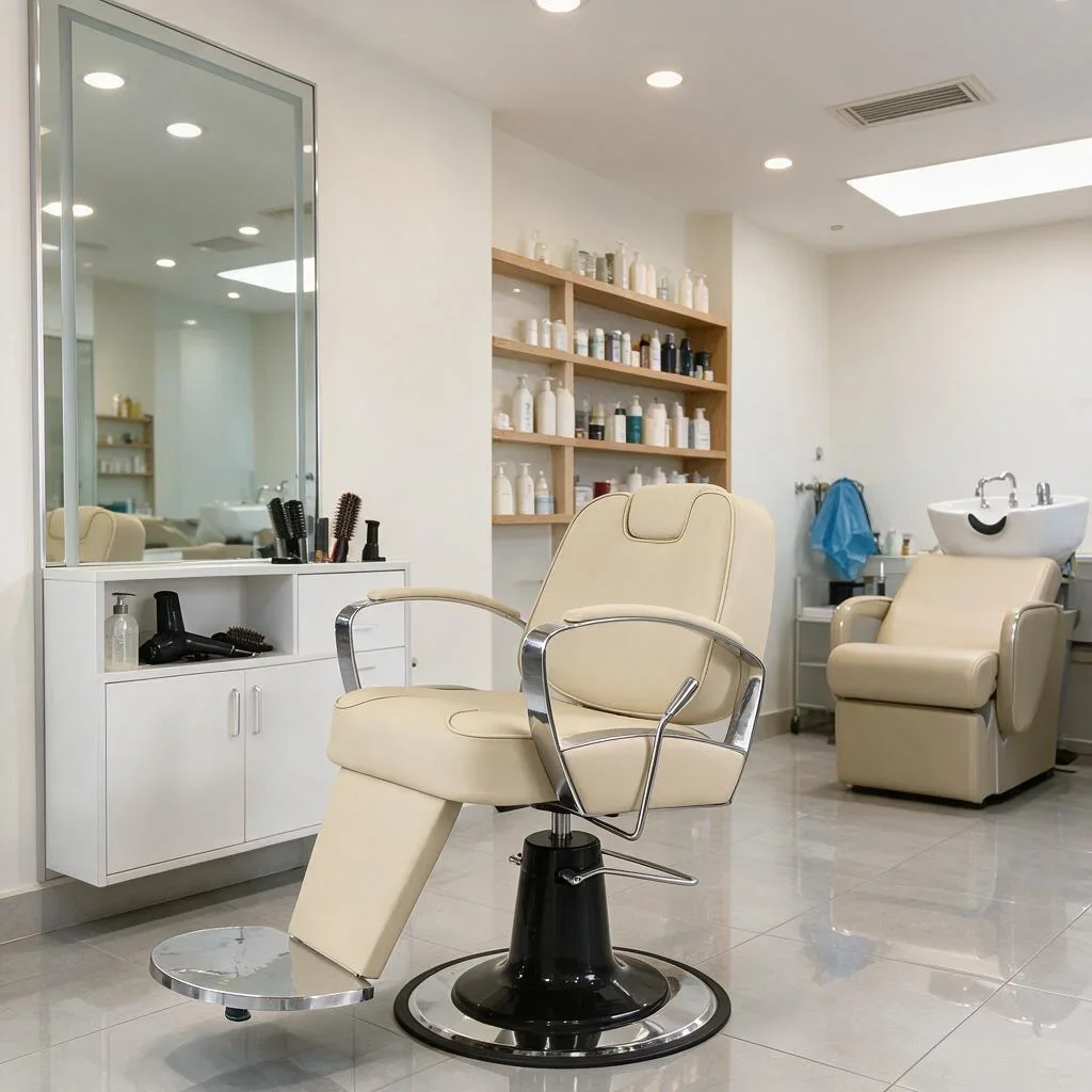 Modern Cream Chaise Barber Chair Heavy Hydraulic Salon Chair with Headrest Professional Hairstylist Furniture
