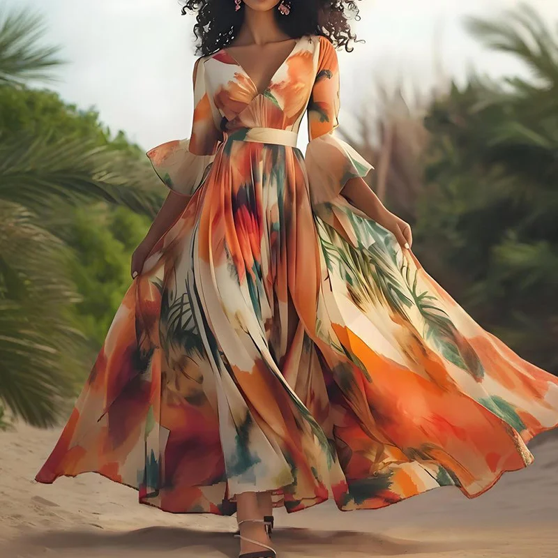 

Floral Printed Long Dress for Women V- Neck Pleated A-Line Fashion Elegant Vacation Flare Sleeve Summer Female Lace-up Dress