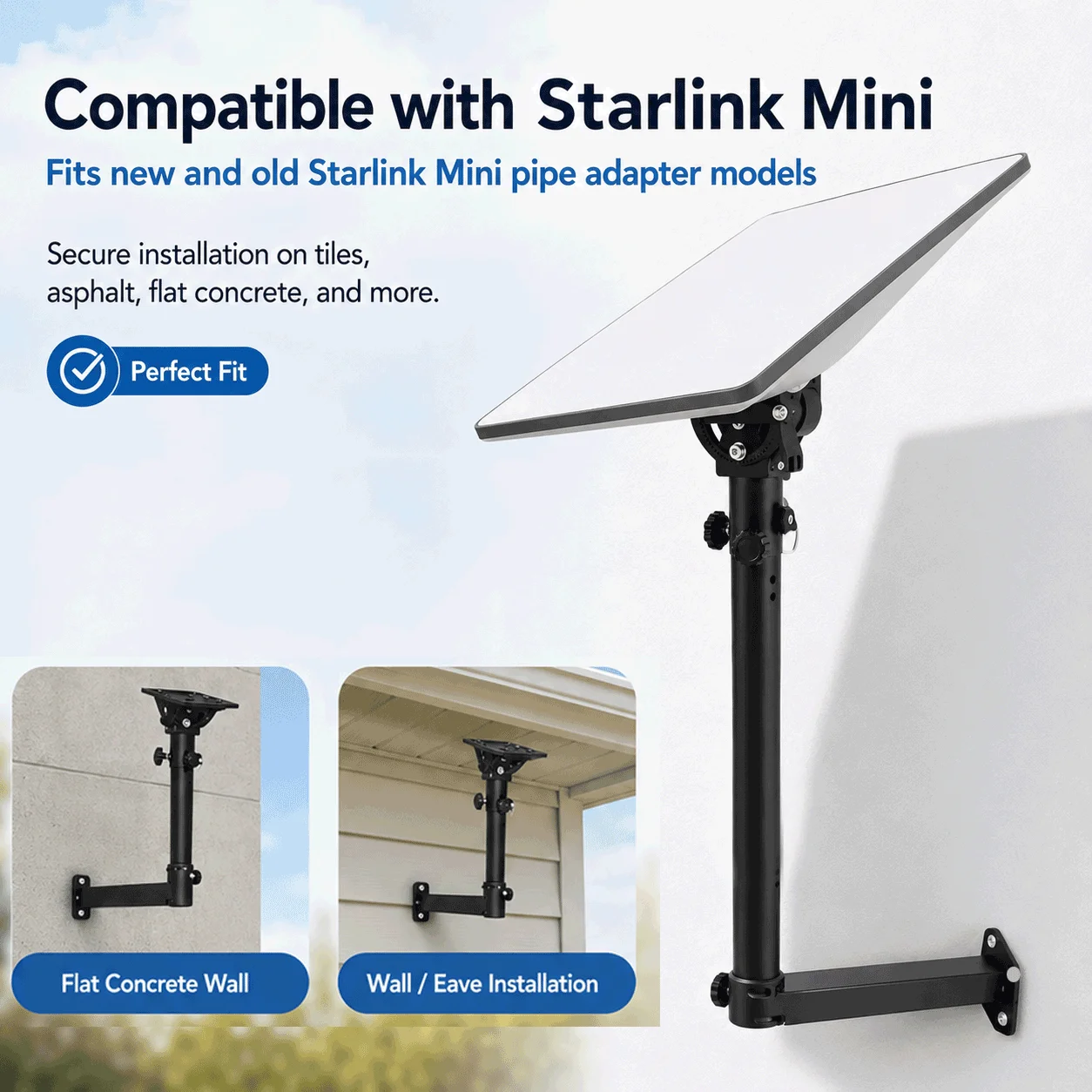 Starlink Mini V4 Wall Mount Bracket, Adjustable 160°Tilt,Heavy-Duty Metal Pole Bracket with Aluminum Pipe Adapter Mounting Kits