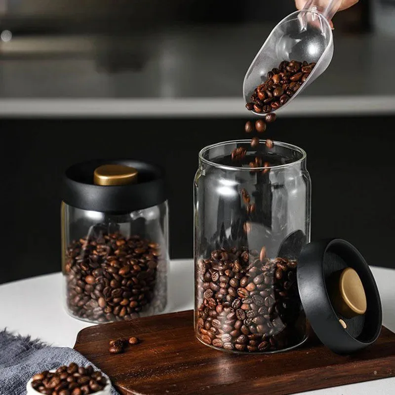Vacuum Sealed Glass Coffee Bean Jar Kitchen Moisture Proof Storage Canister for Tea Rice Peanuts Nuts