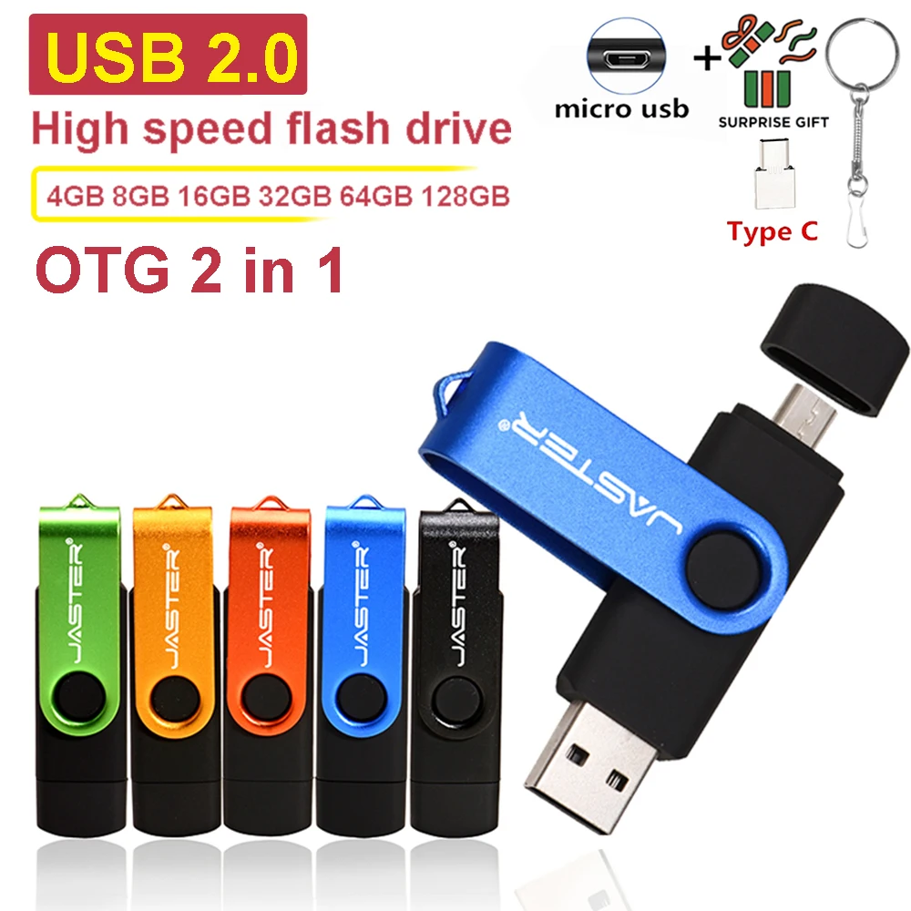 JASTER OTG 2 in 1 USB Flash Drive 128GB High Speed Memory Stick 64GB Free Custom Logo Pen Drive 32GB Free TYPE-C Adapters U Disk