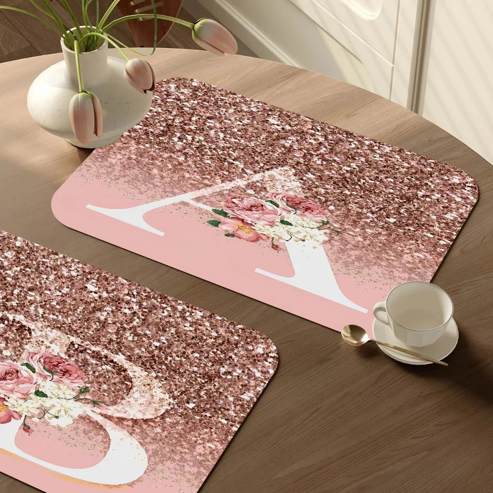 

Letter Pink Shiny M R Clear Quick Drying Dish Mat Printed Kitchen Non-slip Coffee Cup Pad Drain Mats Cup Bottle Placemat