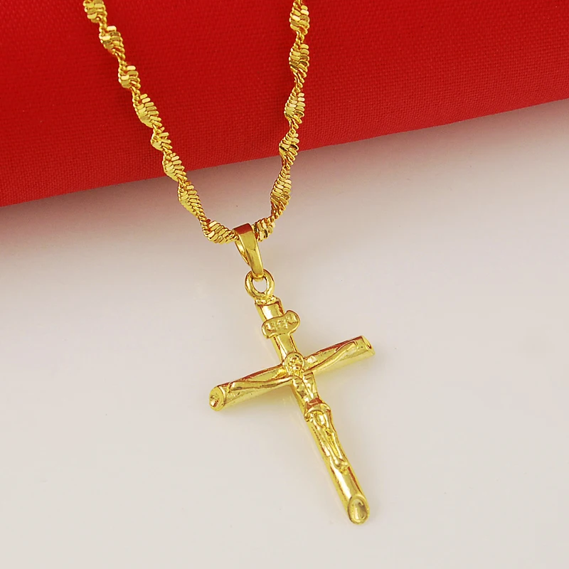 Real 24K Gold Color Cross Pendant & Necklace For Men/Women Gold Chain Religious Christian Jewelry Christmas Gifts