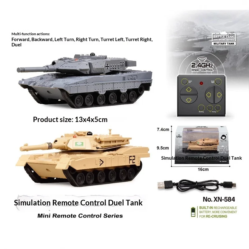 XianNiu 777-584 2.4GHz Remote Control Mini Battle Tank Simulation Tiger Style Tracked Military Tank Model Rechargeable Toy