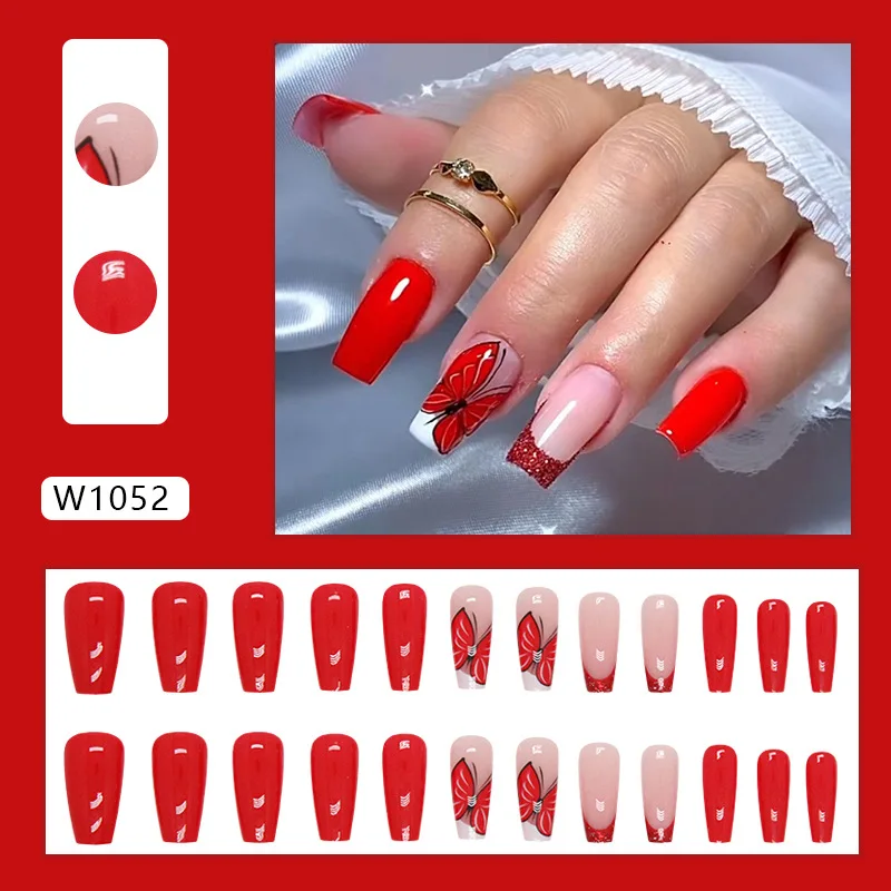 24 stuks wijnrode Franse opdruknagels - glittervlindertoppen lange balletvorm (meerdere maten) kunstnagels met draaggereedschap