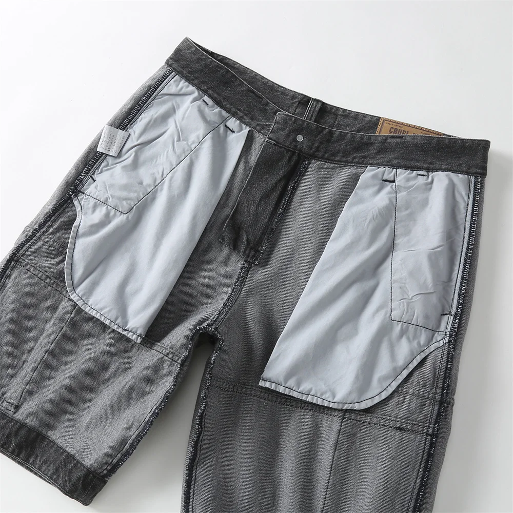 Men's Summer Denim Shorts American Retro Cargo Loose Straight Jean Shorts Summer Casual Cotton Baggy Cropped Pants Streetwear