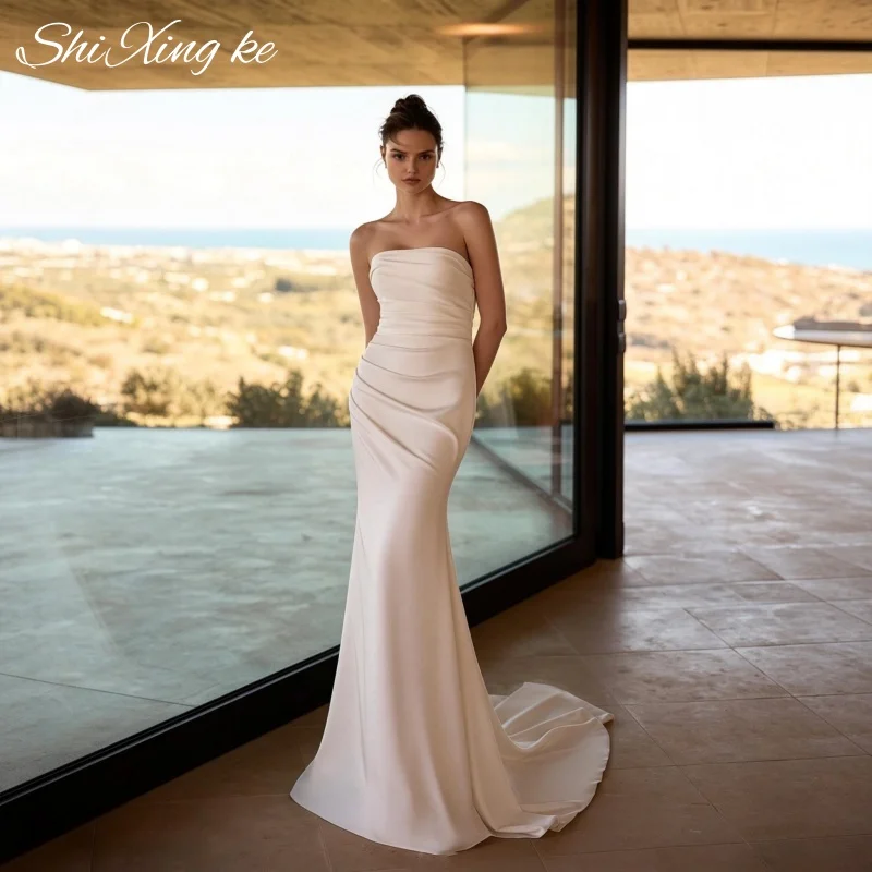 Minimalist Luxury Mermaid Bridal Dress Off‑Shoulder Satin Draped Court Train Custom Vestidos De Novia