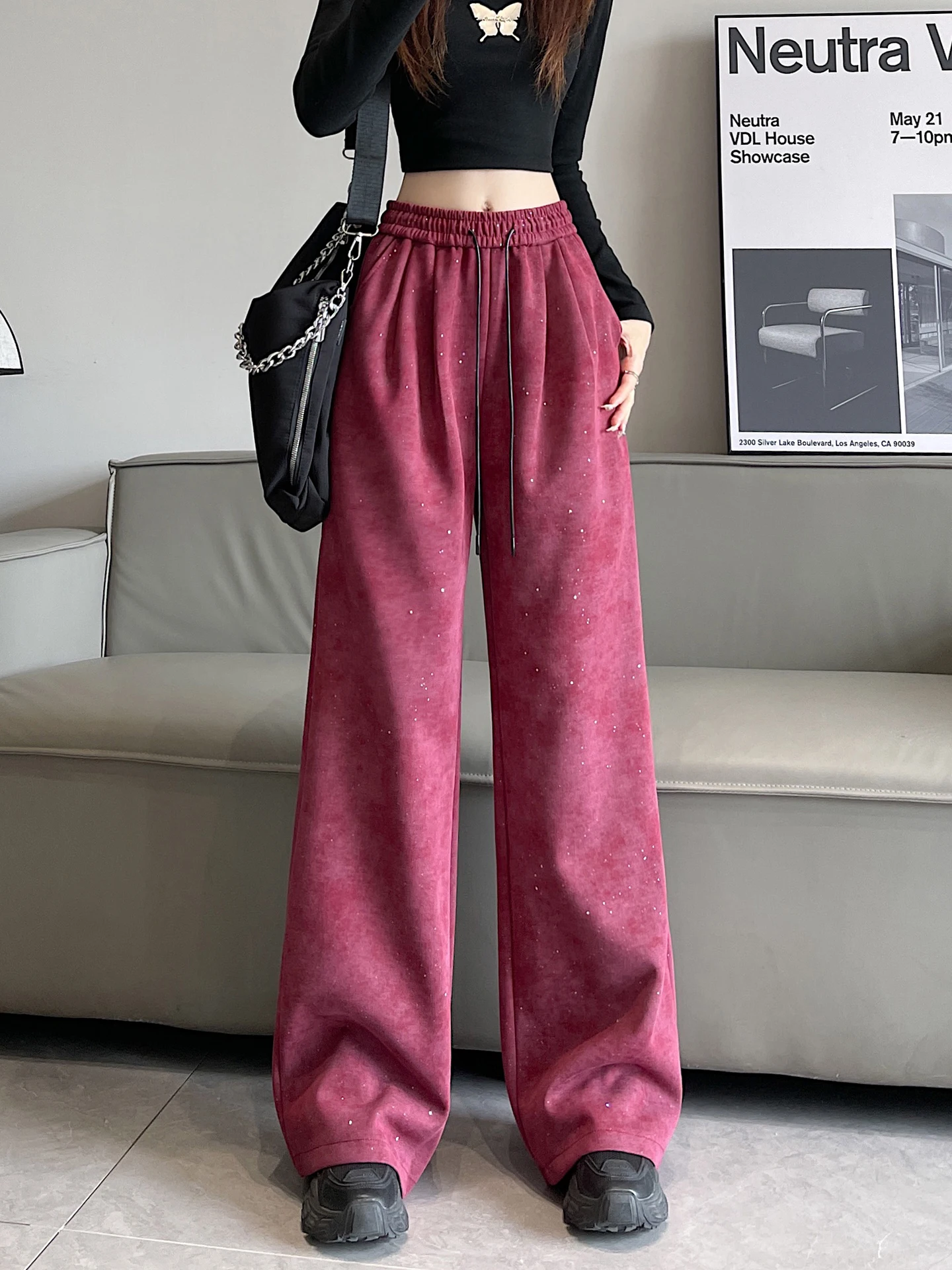 Pantalones deportivos de pierna ancha de cintura alta para mujer, pantalón informal holgado teñido, corte recto, para ir al trabajo, Color puro Simple coreano