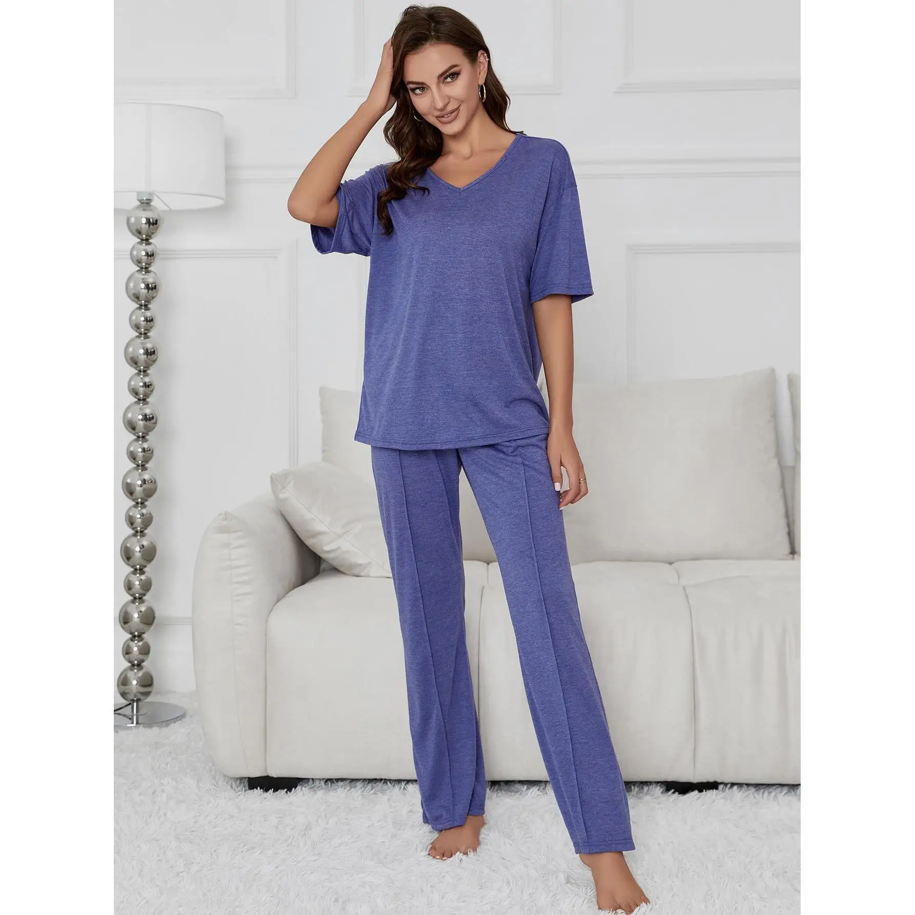 Conjunto de pijama corto para mujer, ropa de dormir femenina, color morado