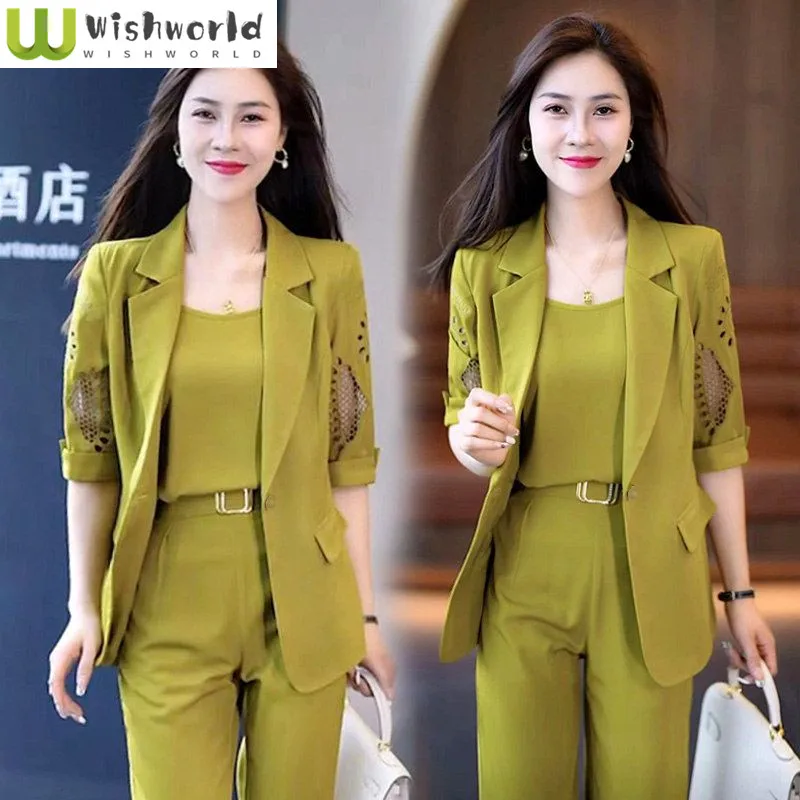 2023 Autumn New Vintage Hollow Short Sleeve Jacket with Tank Top Casual Pants Three Piece Elegant Women's Pants Suit Office Set