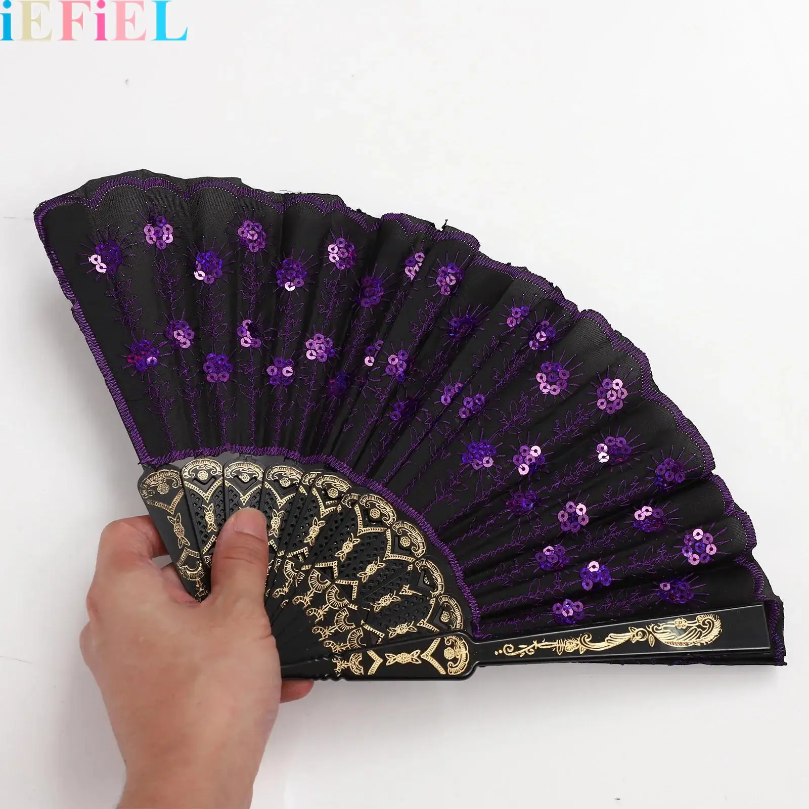 Elegant Colorful Embroidered Flower Peacock Pattern Sequin Fabric Folding Lace Fans Handheld Folding Fans for Women