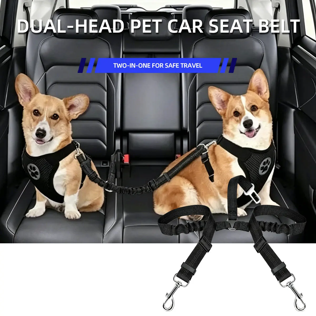 Adjustable Elastic Car Harness Seat Belt with Shock Double Dog Safety Seat Belt Reflective Dog Car Restraint for Pet Safety Belt