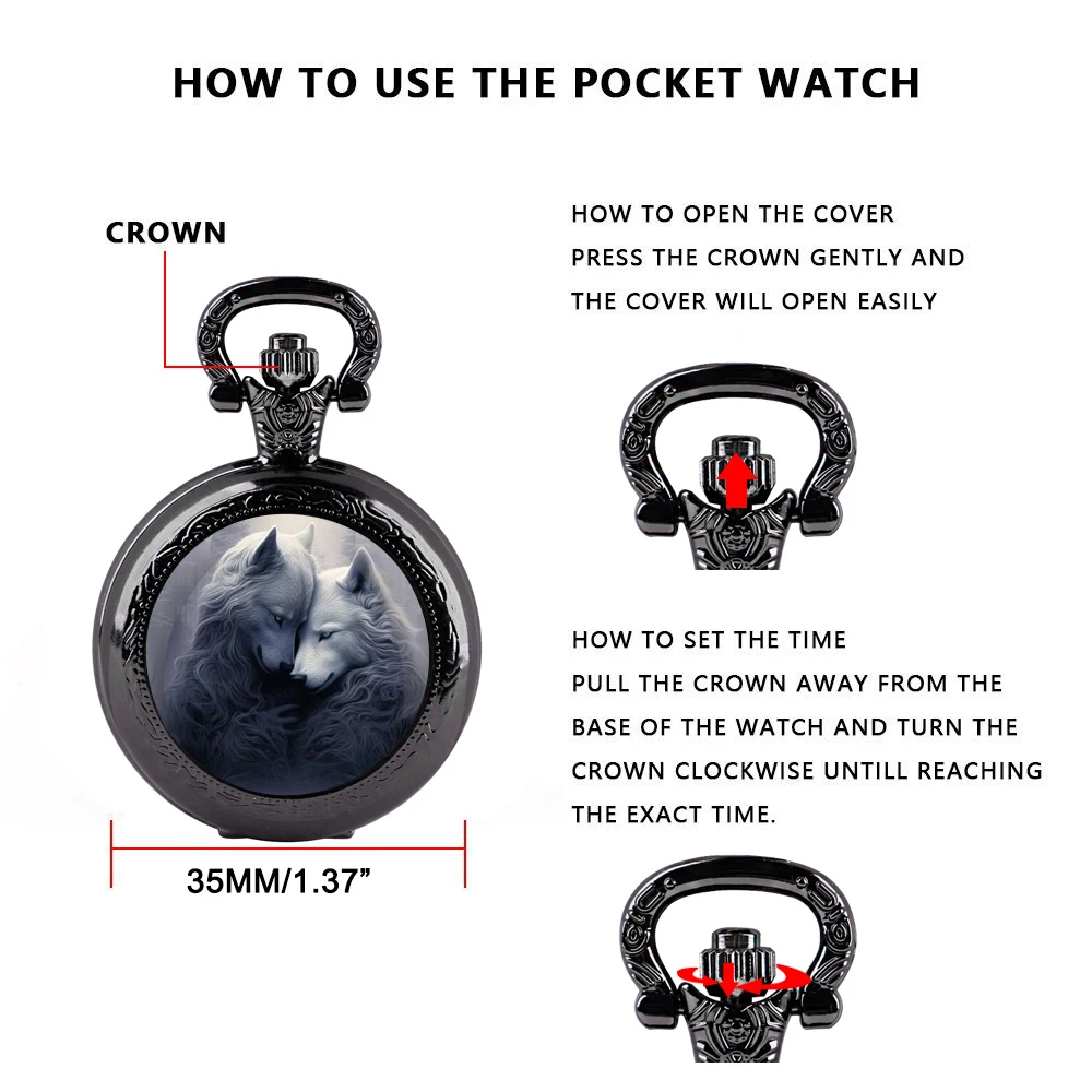 Delicate Gifts Quartz Pocket Watch Double Wolf Design Glass Dome Necklace Pendant Clock for Mens Womens