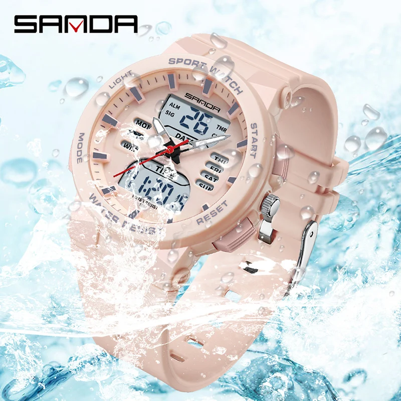 SANDA Top Luxury Women Quartz Watches Waterproof Luminous Countdown Ms Outdoor Sport Watch Dual Display Electronics Wristwatch