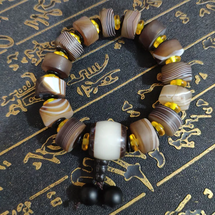 Natural Silk Wrapped Agate Single Loop Bracelet, Men's Style, Retro, Ethnic Style, Versatile Bracelet