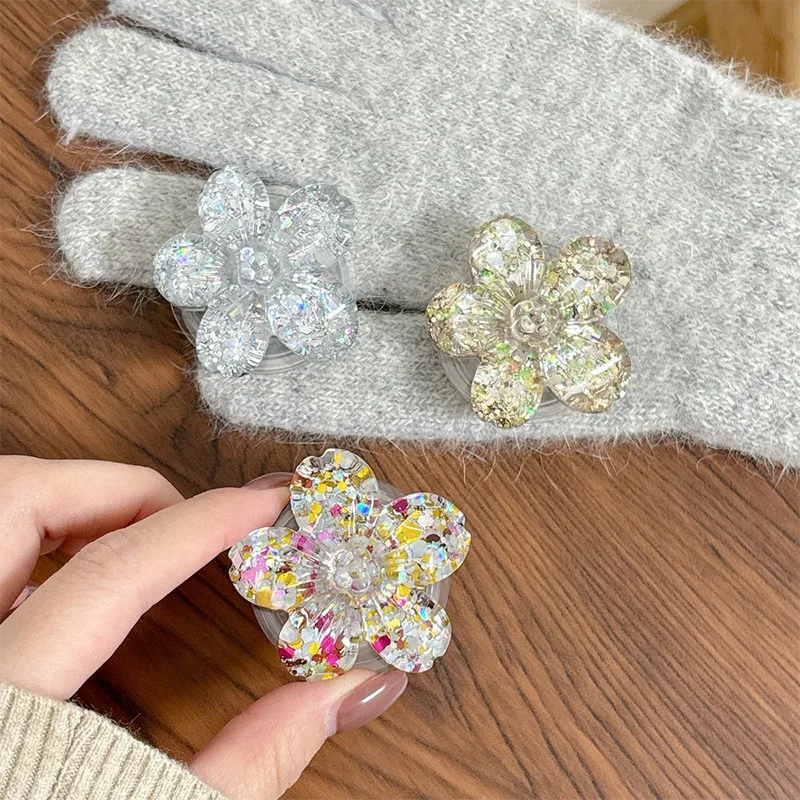 

Luxury Crystal Flower Mobile Phone Stand Holder Socket Pocket Support For IPhone 17 16 15 Ring Griptok Expanding Stand Holder