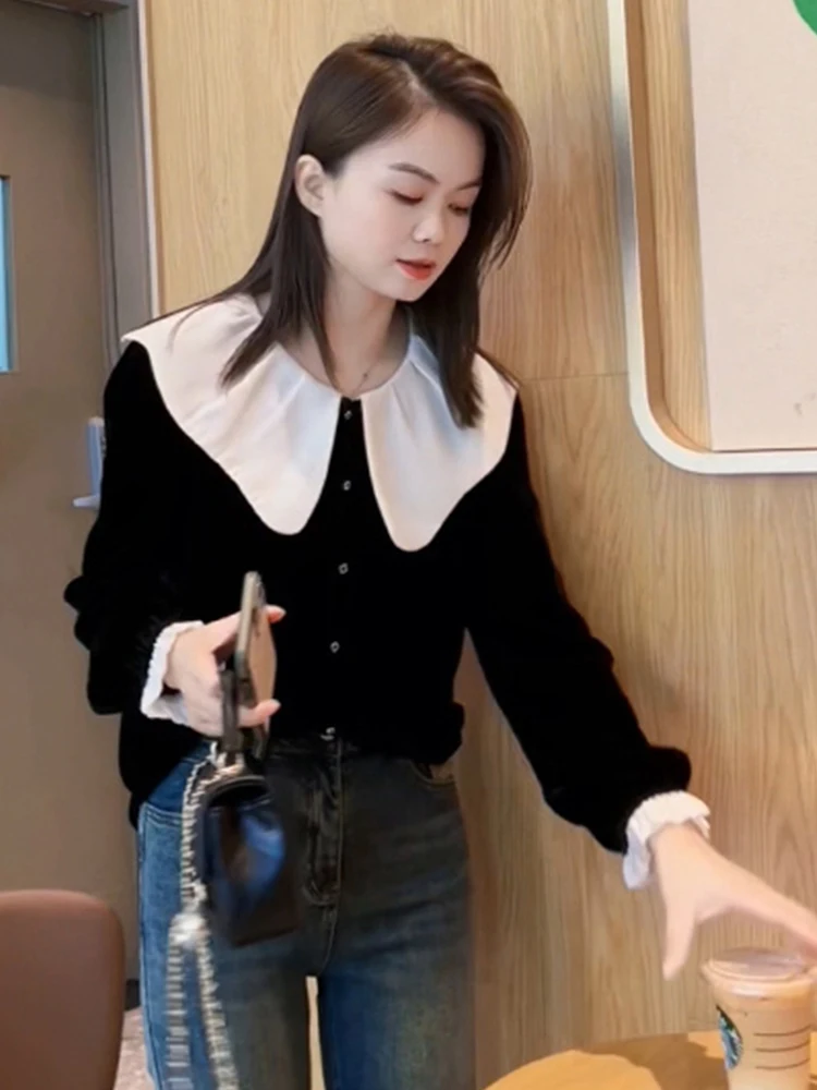 

Ele Long Sve бархатный кардиган женский модный топ с кукольным воротником ранняя осень элитный универсальный Sli корейский сле