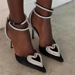 Heart-shaped rhinester sandals 2024 summer new style all European and American sexy thin heels with one-line strap pointed heels