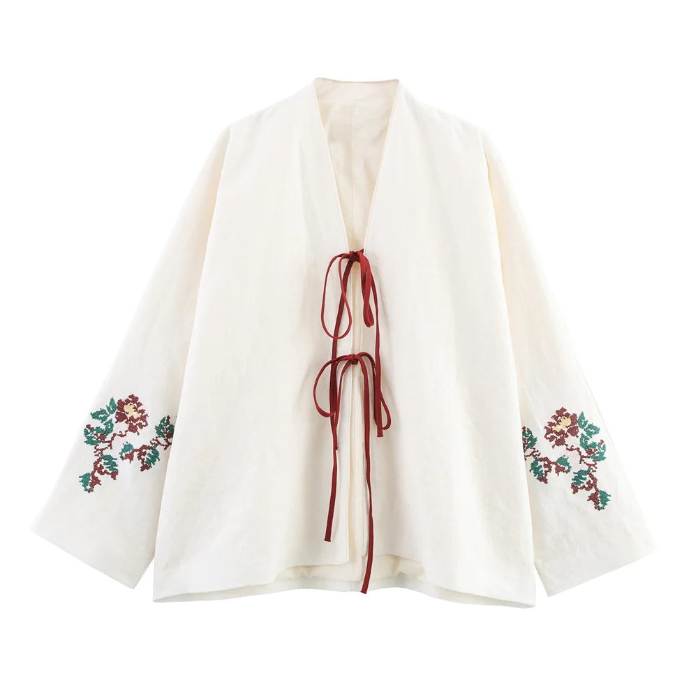 

Zach Ailsa women's open collar design, contrasting color splicing embroidery decal coat, summer new V-neck long sleeved top