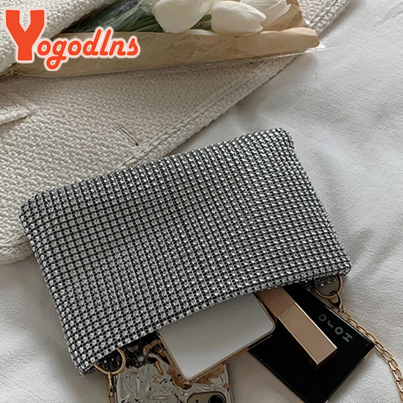 Yogodlns Trend Small Rhinestone Square Bag Metal Chain Shoulder Bag Luxury Design Shoulder Crossbody Bag Diamond Coin Purse